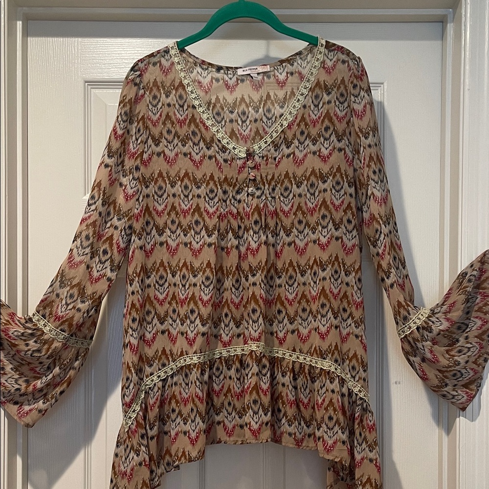 Babydoll Sheer Bell Sleeve Tunic / Beach Cover Up Fairy Boho Garden Flowy Large - Picture 3 of 15